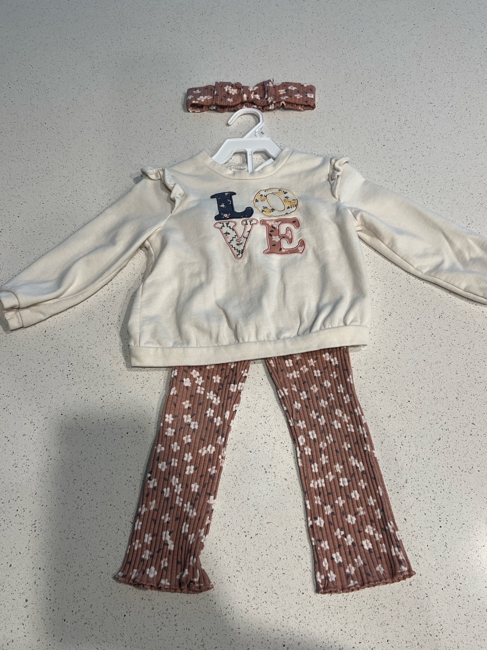 5/$35 NWOT Cream "LOVE" Sweater Set with Rust Floral Ribbed Pants & Headband